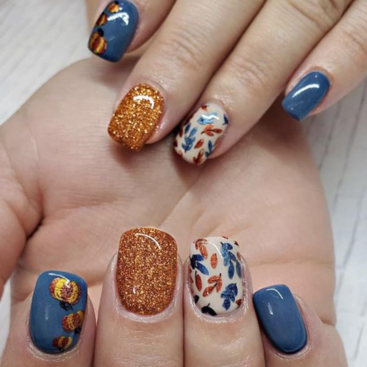 Kaiccoso Short Blue Gold Press On Nails - Fall Acrylic Glitter Fake Nails With Leaf Design