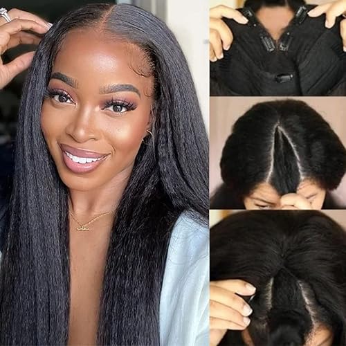 UNICE 18&quot; Kinky Straight V Part Wig - Glueless Human Hair, Beginner Friendly, 150% Density