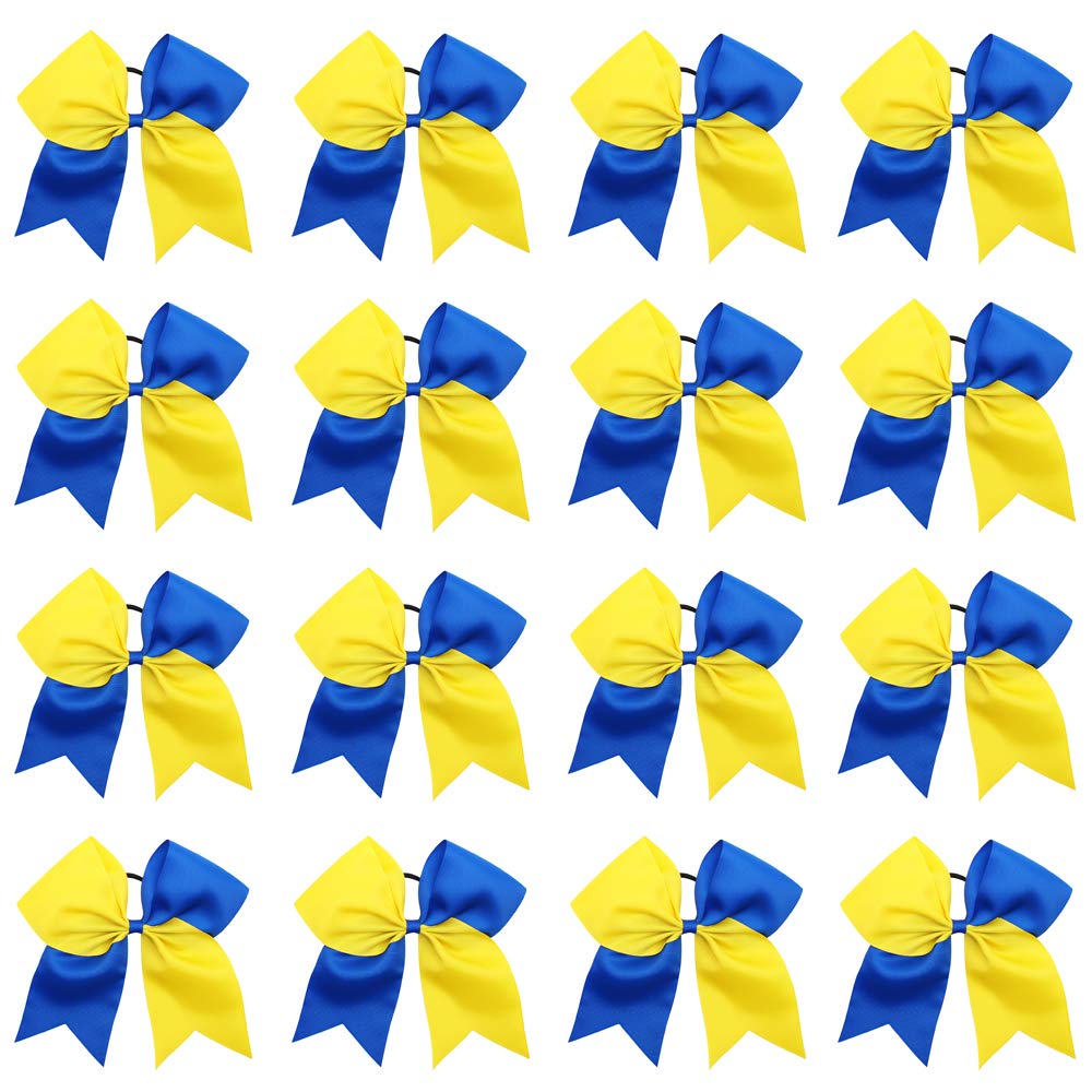 OAOLEER 16PCS 8&quot; Cheer Hair Bows - Royal Blue/Yellow Elastic Ponytail Holders for Girls