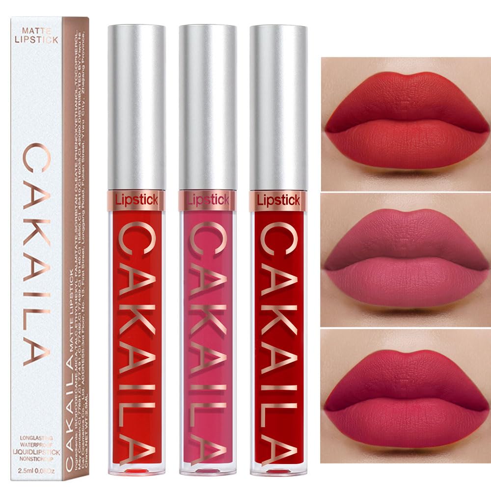 Cakaila 3Pcs Velvet Matte Liquid Lipsticks Set, Long Lasting Waterproof, Non-Drying 24 Hours