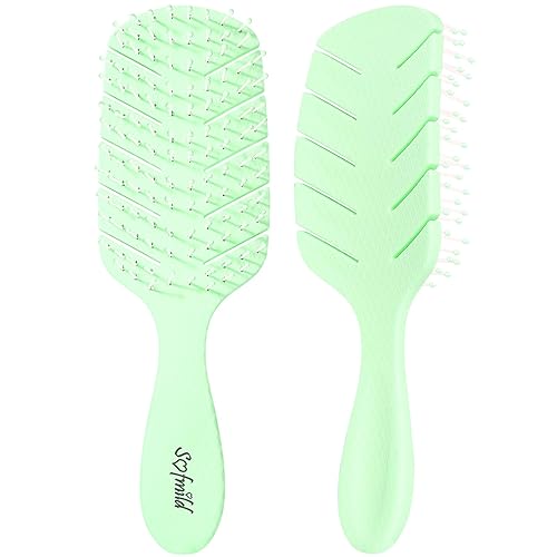 Sofmild Fast Dry Curved Vented Paddle Brush for Curly Thick Hair - Green, Soft Bristles