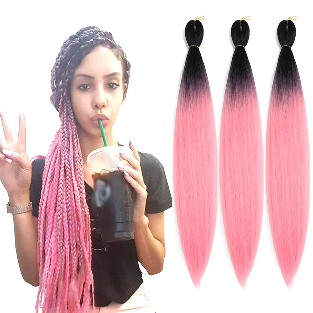 Balinghair 28&quot; Pre Stretched Ombre Braiding Hair - Black To Light Pink (3 Packs)