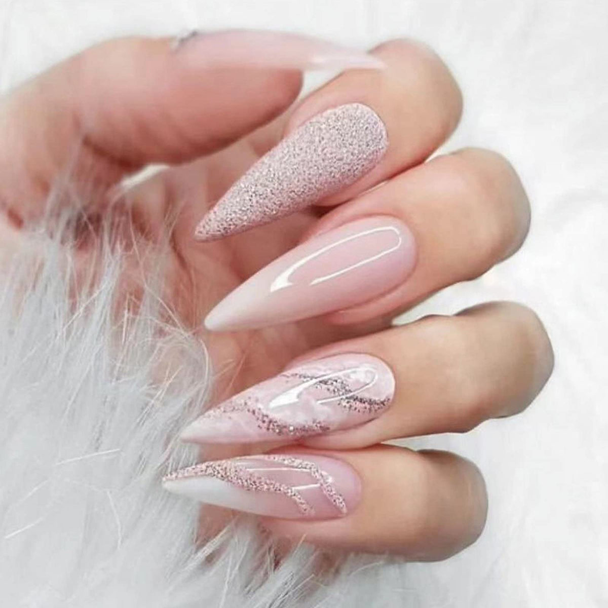 IMSOHOT 24Pcs Almond Press on Nails - Glossy Stiletto Fake Nails in Nude Pink Glitter