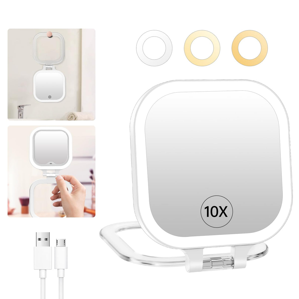 Fascinate 10X Magnification Travel Makeup Mirror With Lights, White Folding Handheld, 3.5&quot;