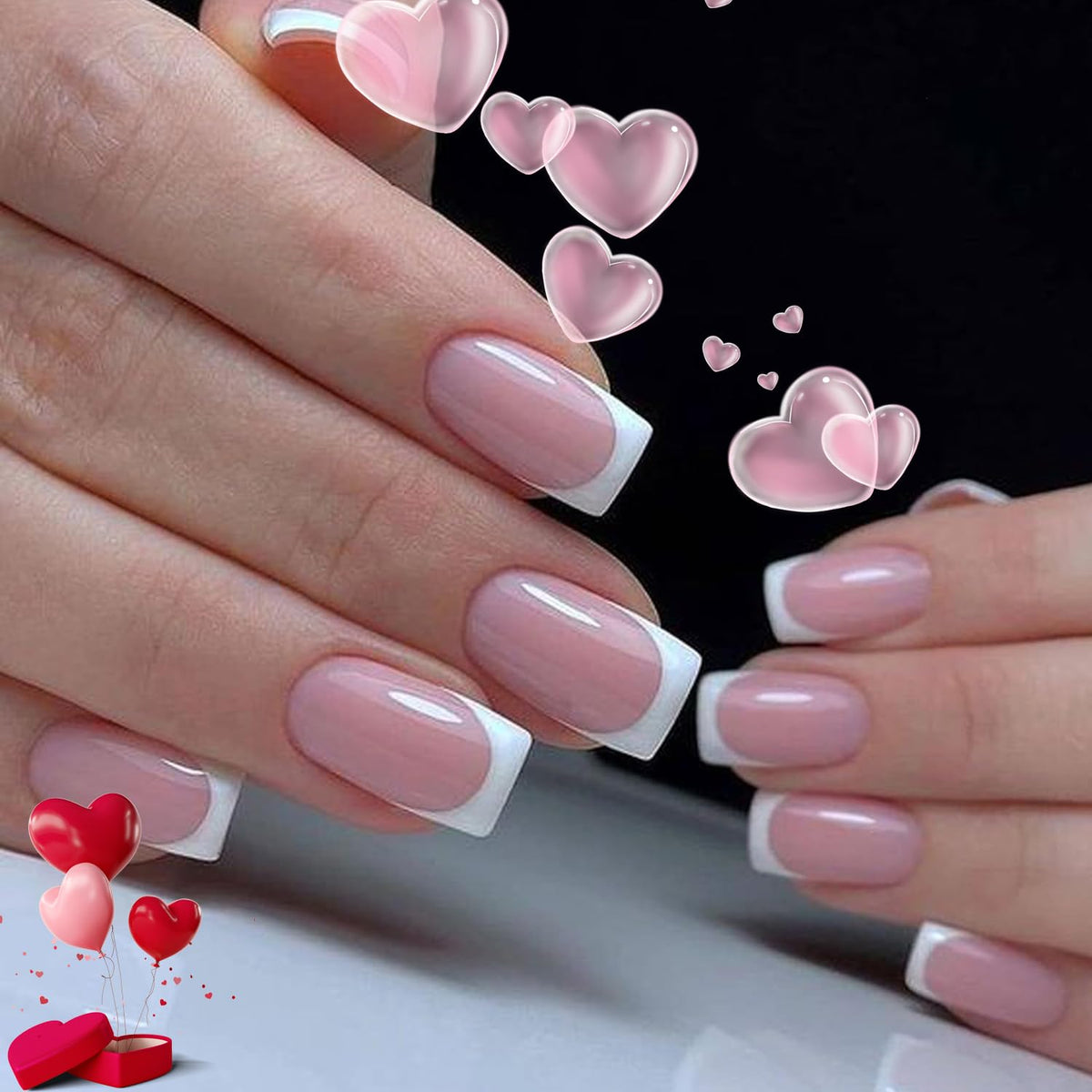 Modelones 30Pcs Pink Life Press On Nails, Short French Tip, Full Cover with Tools & Glue