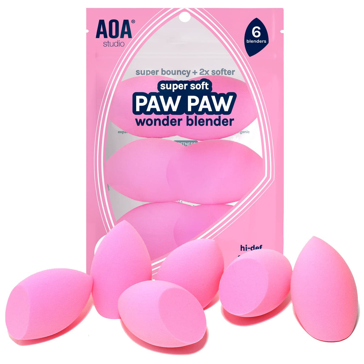 Aoa Studio Makeup Sponge Set - 6 Latex Free Blenders For Powder, Cream & Liquid - Pink