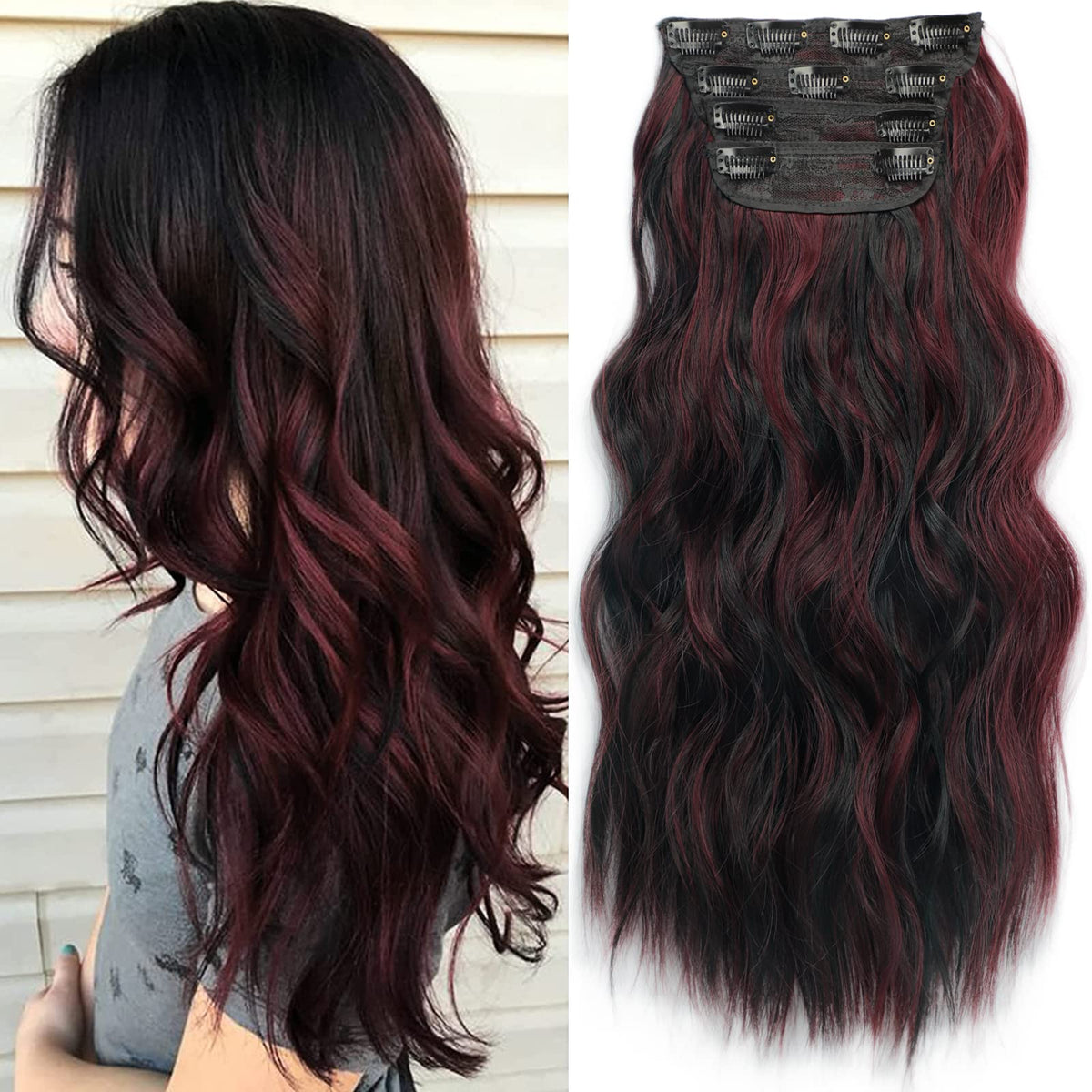 Kookastyle 20&quot; Clip In Synthetic Hair Extensions, Wavy Burgundy Dark Brown, 4Pcs Thick Hairpieces