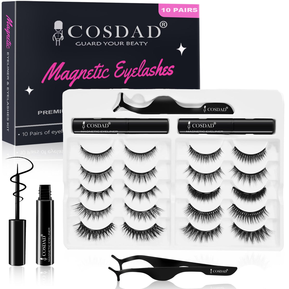 Cosdad Magnetic Eyelashes Kit - 8D 3D Reusable Lashes With Eyeliner, Waterproof, No Glue