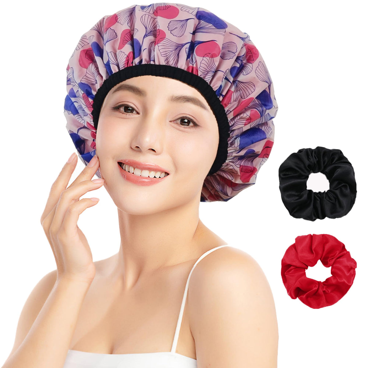 Vidsel Waterproof Satin Lined Shower Cap For Women - Reusable Large Shower Caps For Curly Hair