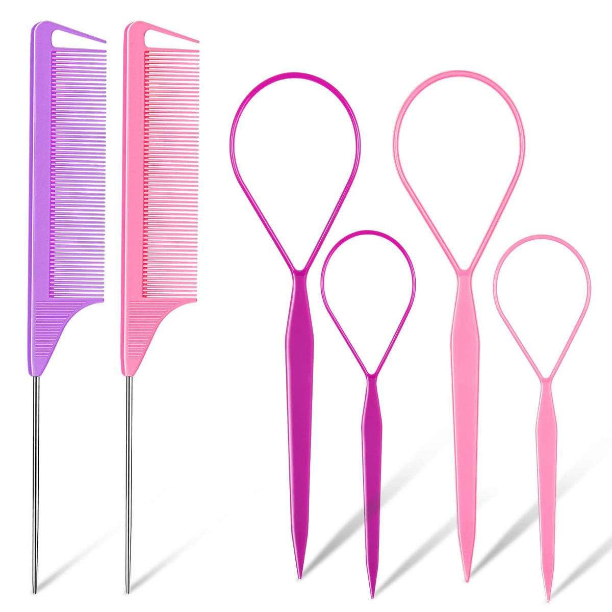 TsMADDTs Hair Loop Tool Set - 6 Pack with Braid Tools & Rat Tail Comb, Pink & Purple