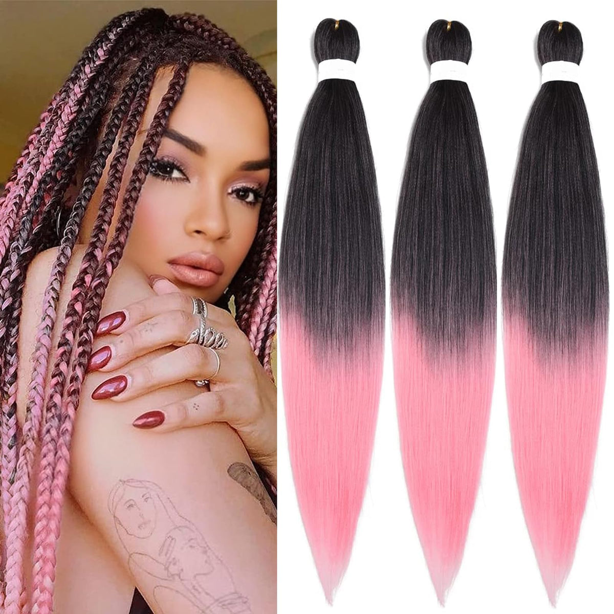 Roalnce 24 Inch Pre Stretched Braiding Hair Extensions - Black To Pink, Soft Synthetic, Knotless