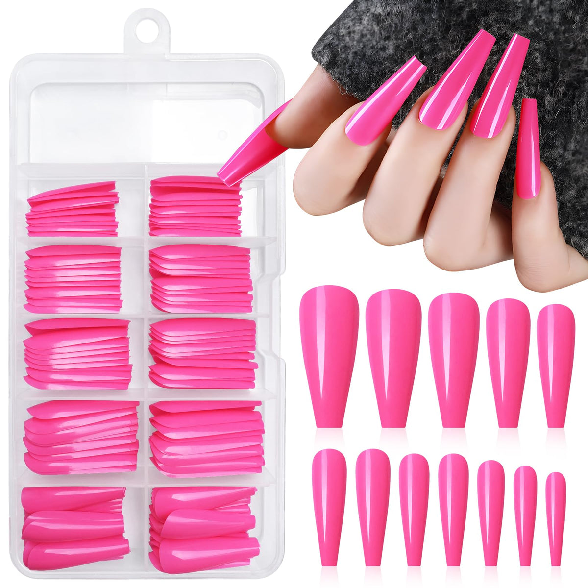 Lifextol Hot Pink Coffin Press on Nails - 100pcs XL Full Cover Acrylic Ballerina Nails for Women