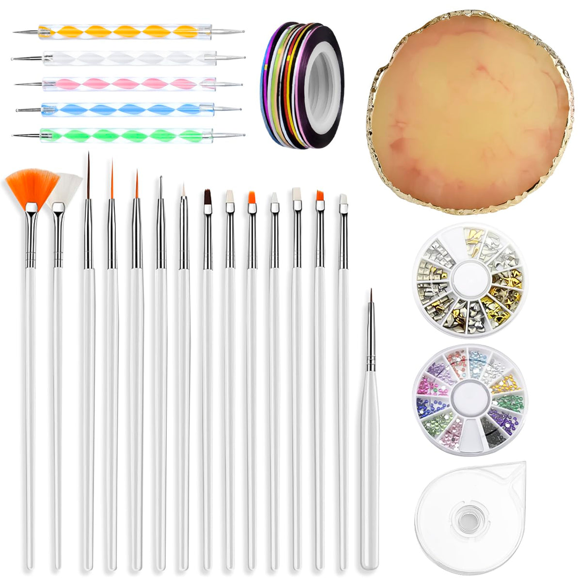 Enenes Nail Art Kit - 66 Piece Set With Brushes, Tapes, Dotting Pens & Rhinestones