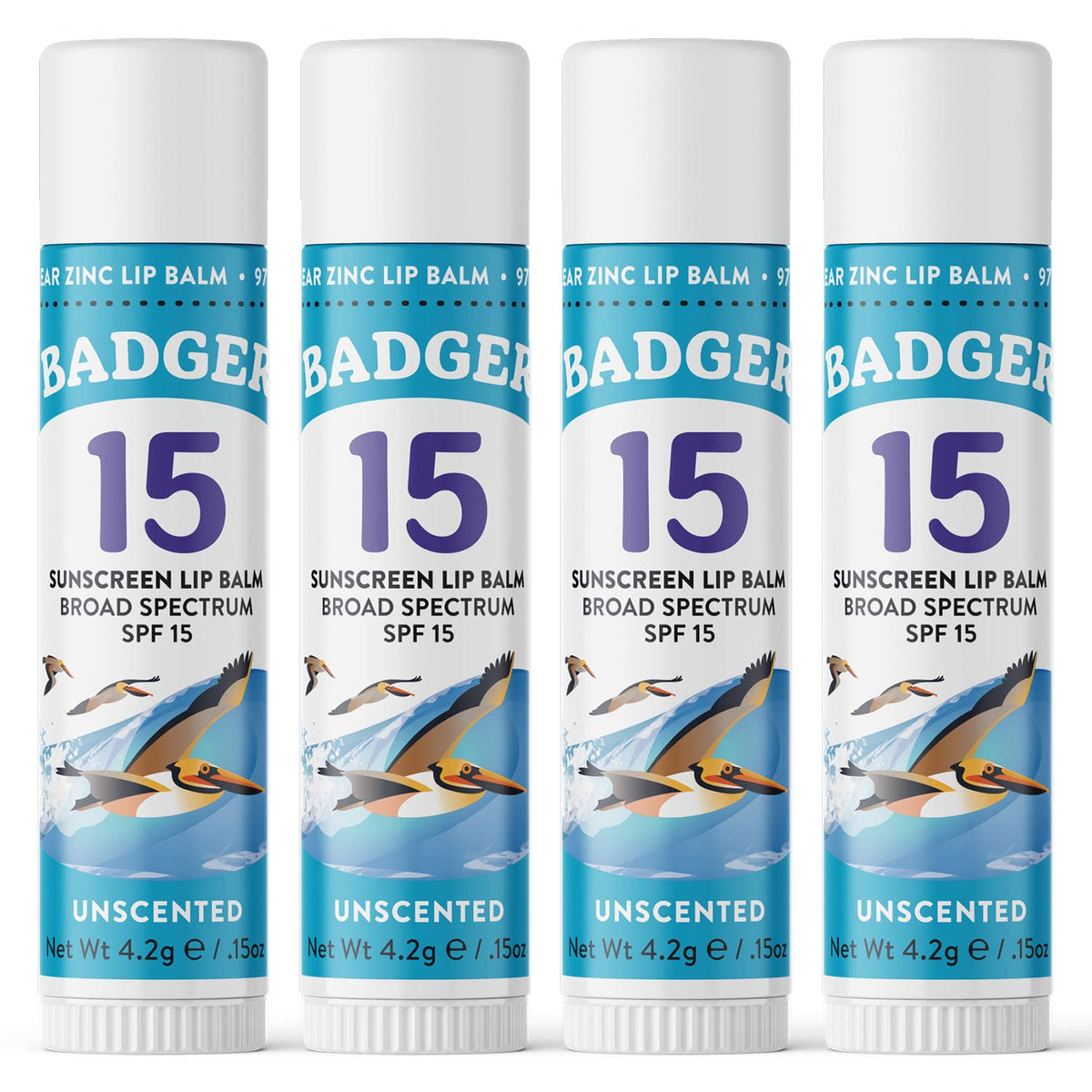 Badger Sunscreen Lip Balm Spf 15 - Organic, Water Resistant, Reef Friendly, Unscented, 4 Pack