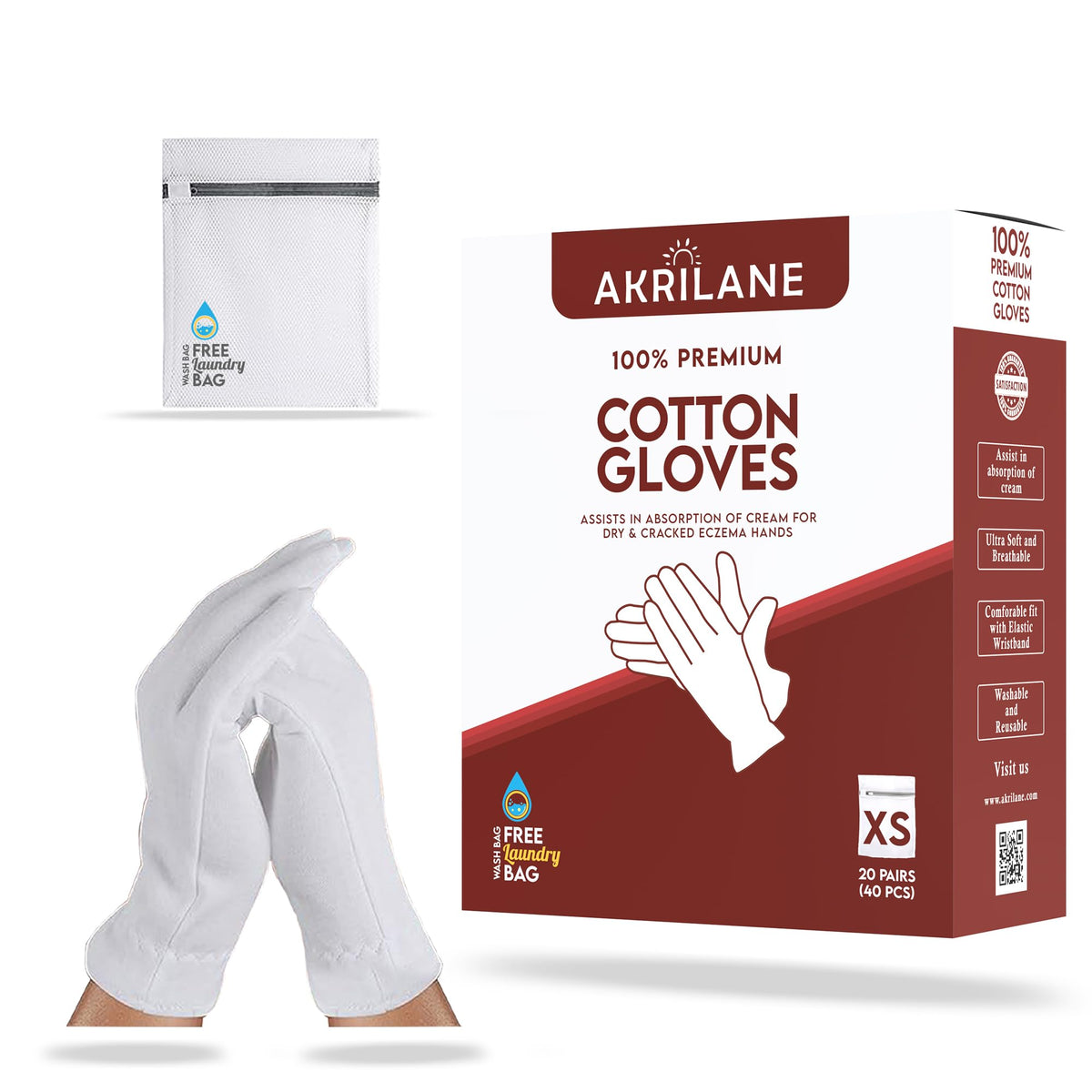 Akrilane Xs Extra Small Cotton Gloves - 20 Pairs Moisturizing For Eczema & Dry Hands