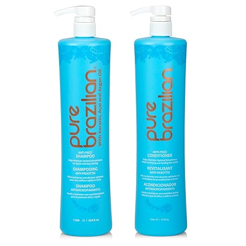 Pure Brazilian Anti-Frizz Shampoo & Conditioner, Keratin & Argan Oil, 1 Liter, Color Safe