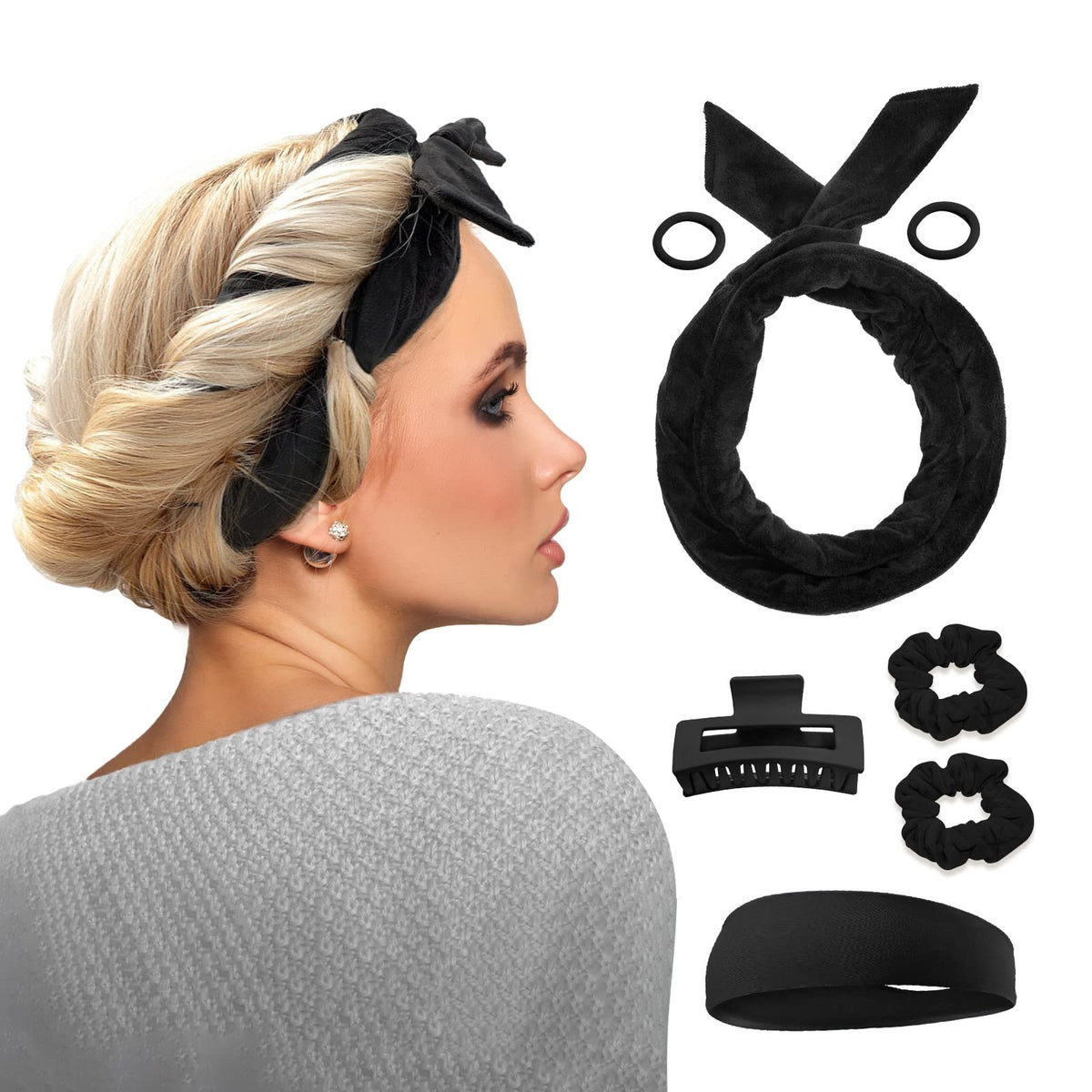 Fitifun Heatless Hair Curler - 61&quot; Cotton Curling Rod Headband For Long Hair Curls, Black