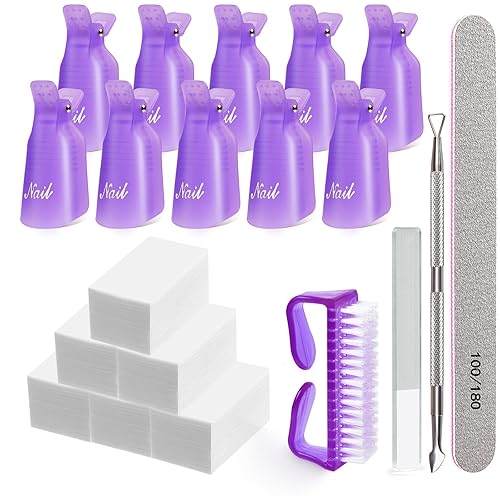 MORGLES Gel Nail Polish Remover Kit, 300 Wipes, Clips, File, Pusher & Brush - 6 Pcs