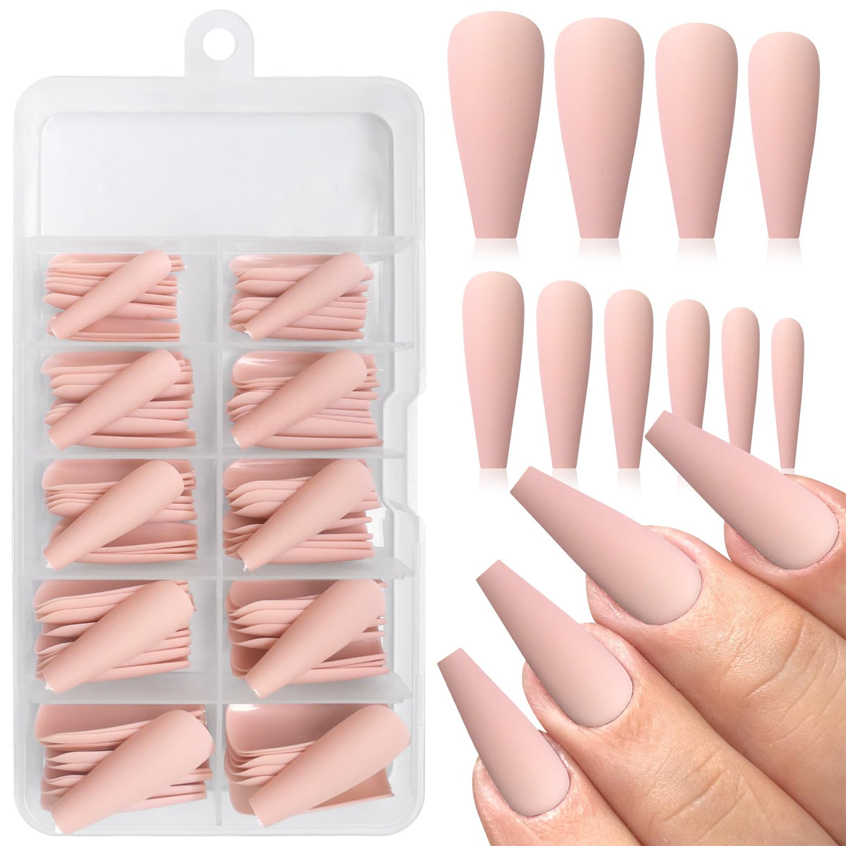 AddFavor 100pcs Matte Long Coffin Press on Nails - Nude Baby Pink Acrylic False Nail Tips