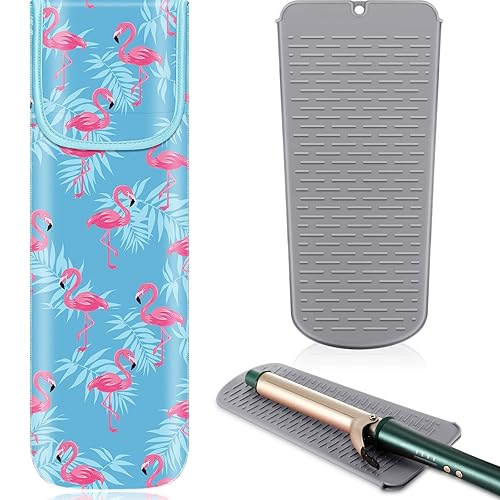 Shappy Heat Resistant Flat Iron Holder Travel Case, Silicone Mat for Curling Iron - Blue Flamingo