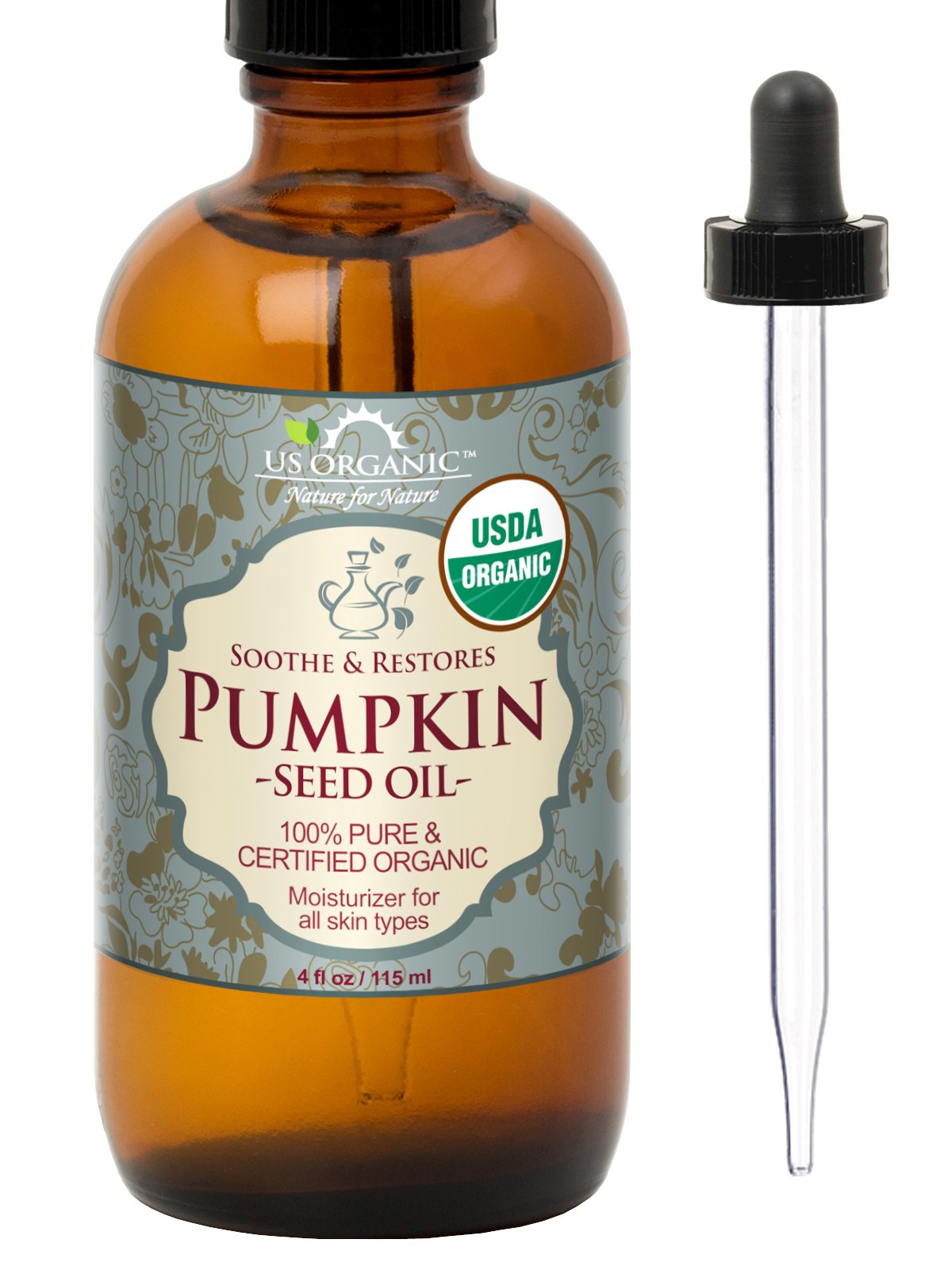 Us Organic Pumpkin Seed Oil, 100% Pure & Natural, Cold Pressed, 4 Oz Amber Glass Bottle