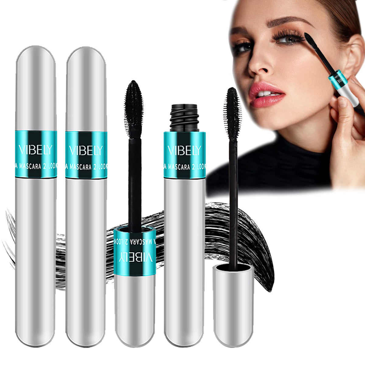 Vibely 5X Longer Waterproof Mascara 2 In 1 4D Silk Fiber Lash For Natural Lengthening - Black