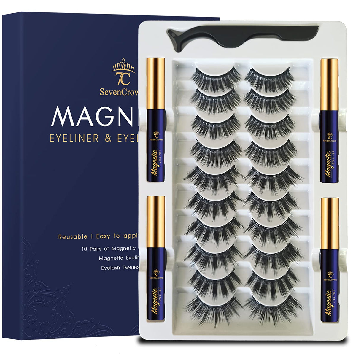 7C Sevencrown Magnetic Eyelashes Kit - 10 Pairs With Waterproof Liner, Easy Application, Natural Look