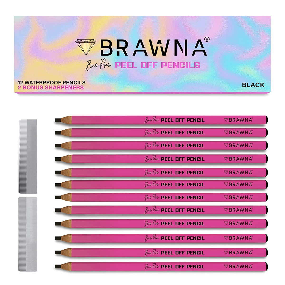 Brawna 12 Pcs Waterproof Brow Pro Peel Off Pencils & Sharpener - Black Microblading Kit