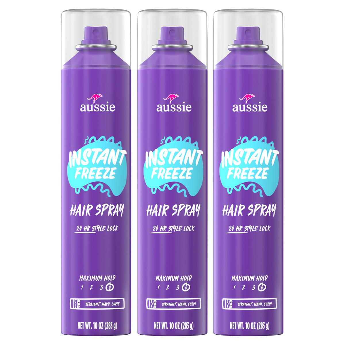 Aussie Instant Freeze Hair Spray, Extreme Hold, Jojoba Oil & Sea Kelp, 10 Fl Oz, 3 Pack