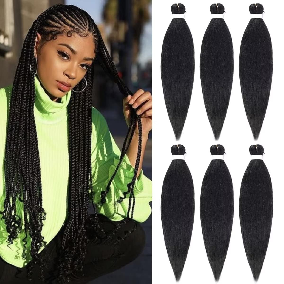 Alremyssy 26&quot; Pre-Stretched Ez Braiding Hair - 6 Packs, Black Synthetic Yaki For Crochet Braids