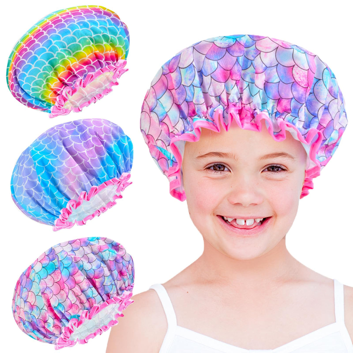 Macirept Mermaid Shower Cap For Kids - 3 Pcs Reusable Waterproof Unicorn Hair Cap