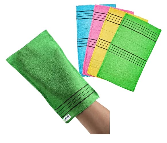 Modu 4 Pcs Korean Exfoliating Mitt Bath Washcloth Set - Large Mixed Colors 9.1 X 6 In