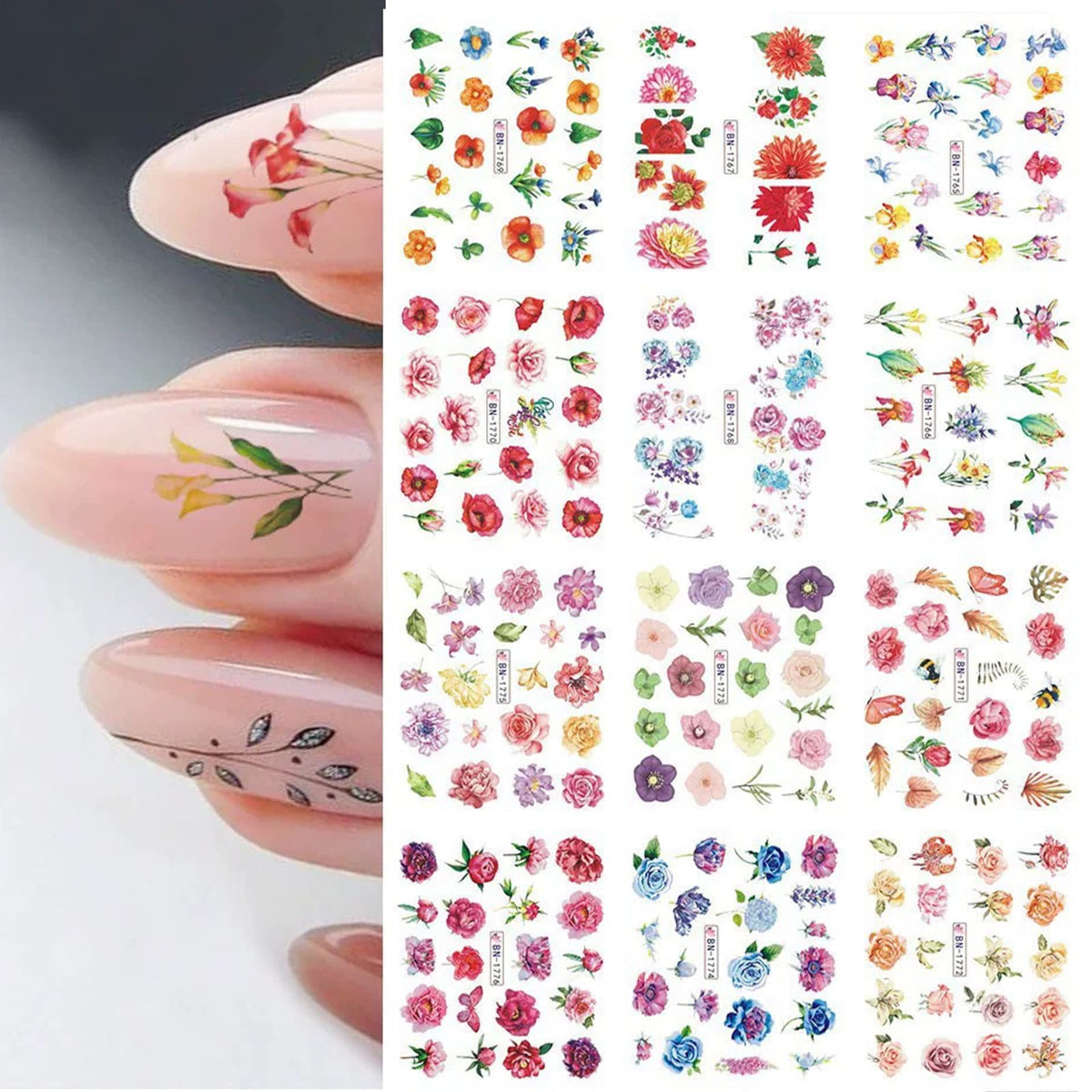 Maiousu Store Nail Art Stickers - 12 Sheets Floral Water Transfer Decals For Diy Nail Art