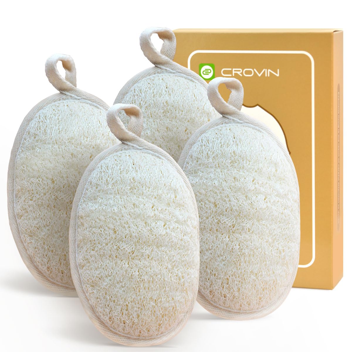 Crovin Natural Loofah Exfoliating Body Scrubber - Creamy-White Spa Pack Of 4 For Men & Women