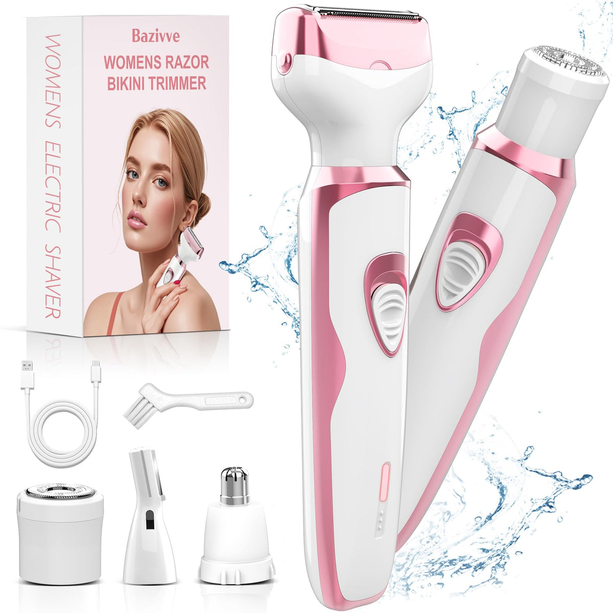 Bazivve Electric Razor For Women - 4 In 1 Painless Shaver, Rechargeable, Ipx7 Waterproof, Pink