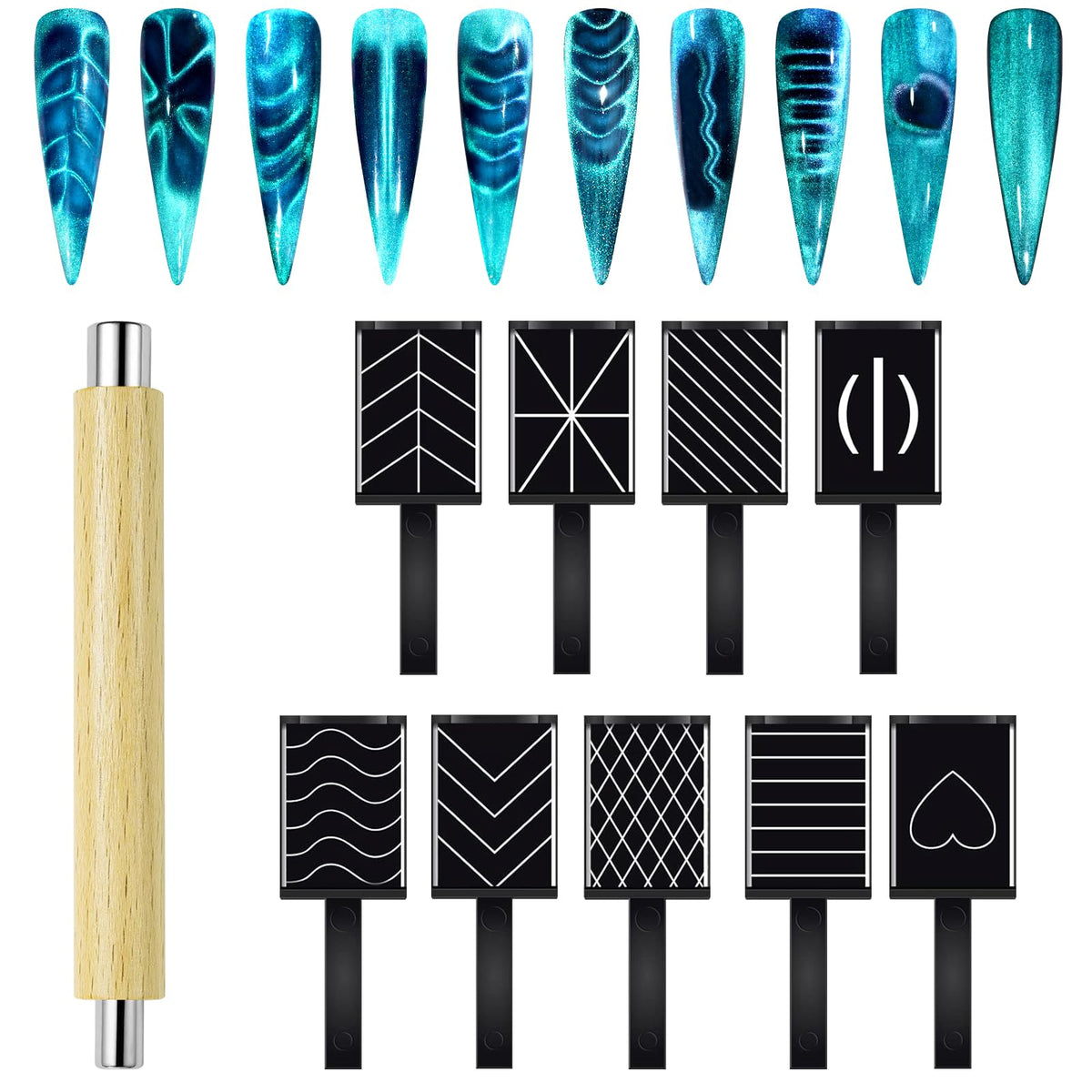 Allstarry 10Pcs Nail Magnet Tool Set - Double-Head Cat Eye Nail Art Magnets For 9D Gel Polish