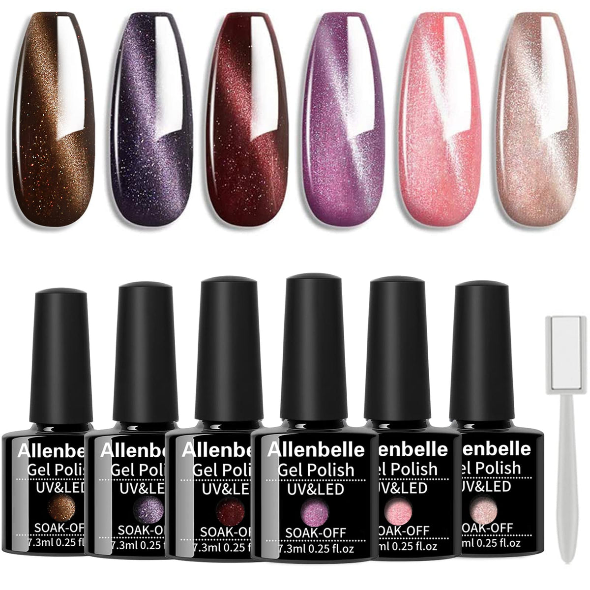 Allenbelle Cat Eye Gel Nail Polish 008 - Soak Off Uv Magnetic Gel (0.25 Fl Oz, Pack Of 6