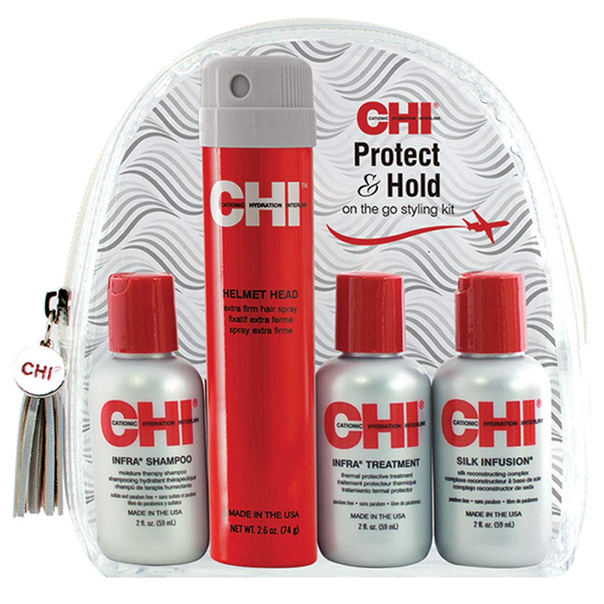 CHI Protect & Hold Travel Kit - Infra Shampoo, Treatment, Silk Infusion & Hair Spray, 4 Piece Set