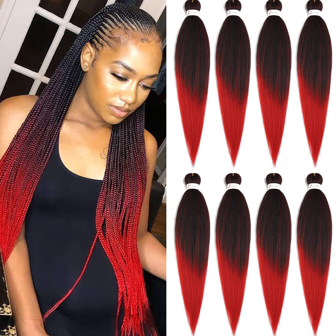 Hensleely 30&quot; Pre Stretched Synthetic Braiding Hair - 8 Packs Mixed Black & Red Yaki Crochet