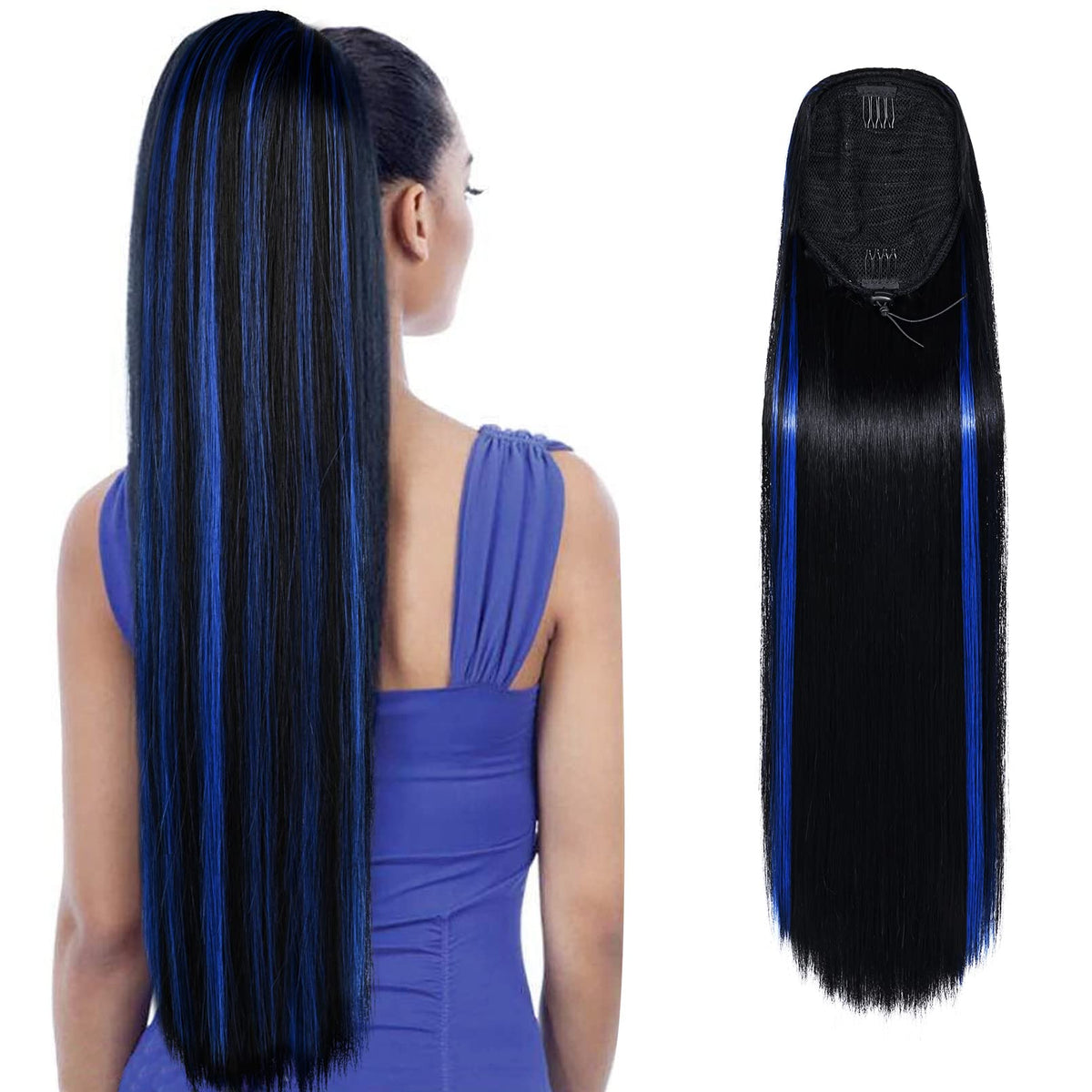 Seikea 28&quot; Ponytail Extensions - Long Straight Clip-In Hairpiece, Natural Black With Blue Highlights