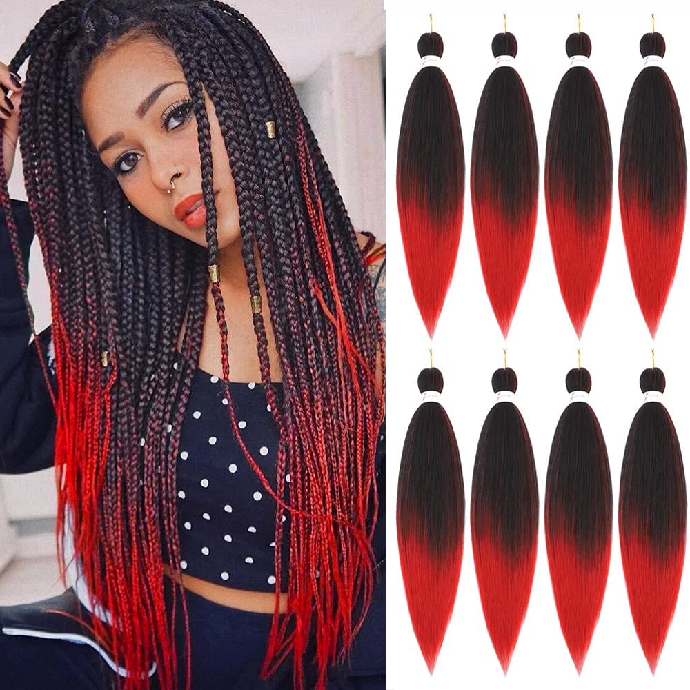 Miypmuns 26&quot; Ombre Red Pre Stretched Braiding Hair - 8 Packs Itch Free Synthetic Extensions