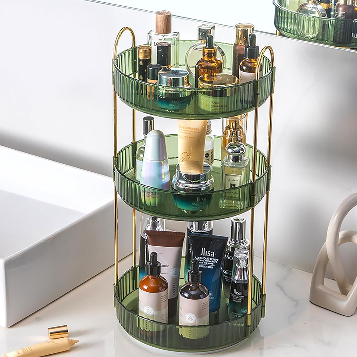 Zufudo 3 Tier Rotating Makeup Organizer - Clear Skincare & Perfume Storage, Green Gold