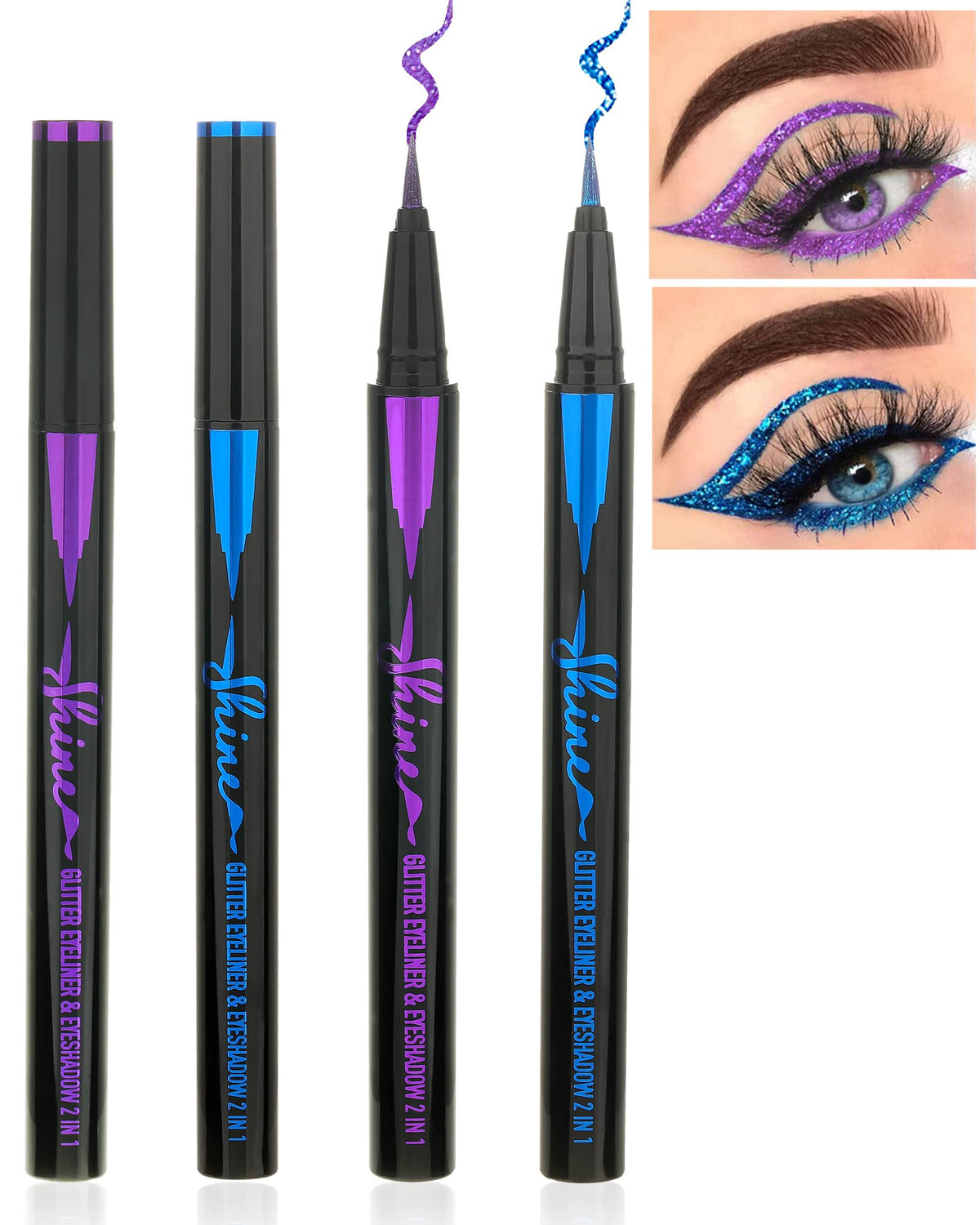 Lysdefeu Glitter Eyeliner - 2 Pcs Waterproof Blue Purple Metallic Liquid Liner Makeup Pen