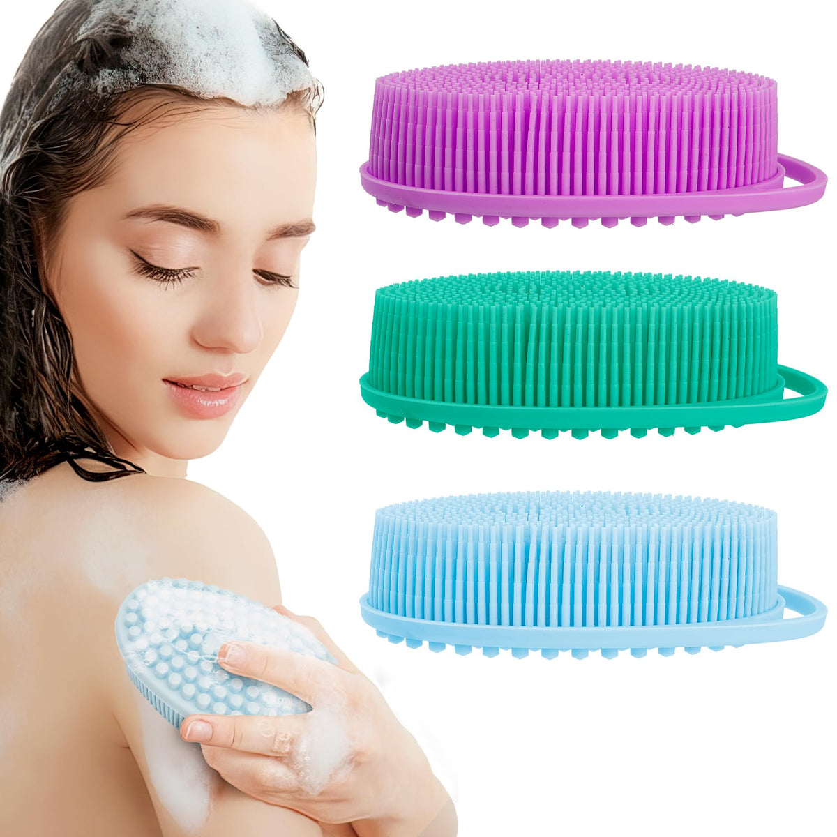 Slergut 3 Pack Silicone Body Scrubber - Exfoliating Loofah With Handle For Bath & Shower