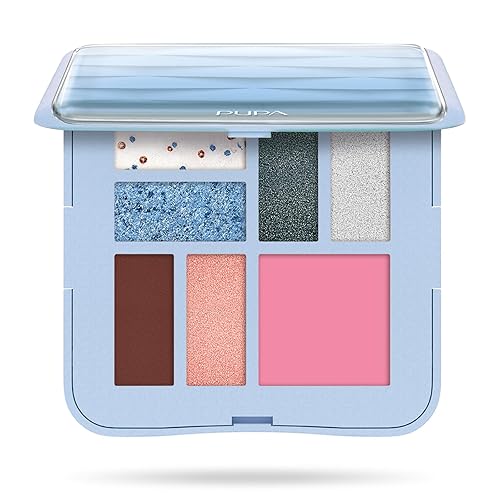 Pupa Milano 7 Pan Eyeshadow & Blush Palette, Light Blue, Matte & Shimmer, Travel-Friendly, Talc-Free