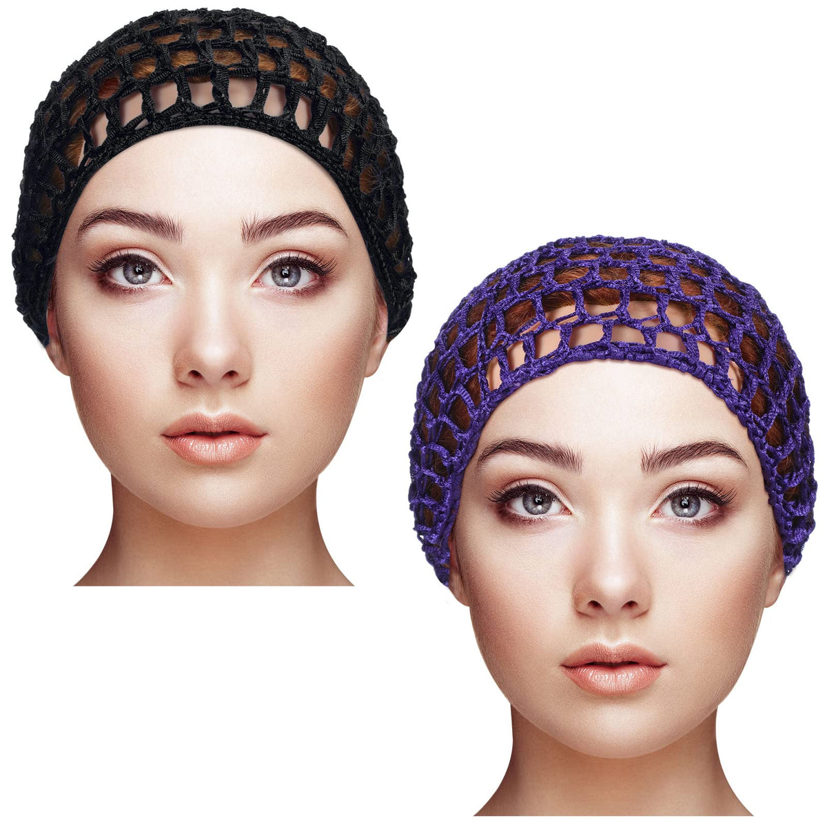 Geyoga 2-Pack Mesh Crochet Hair Net Snood Hat, Rayon Knit Sleep Cap - Black & Purple