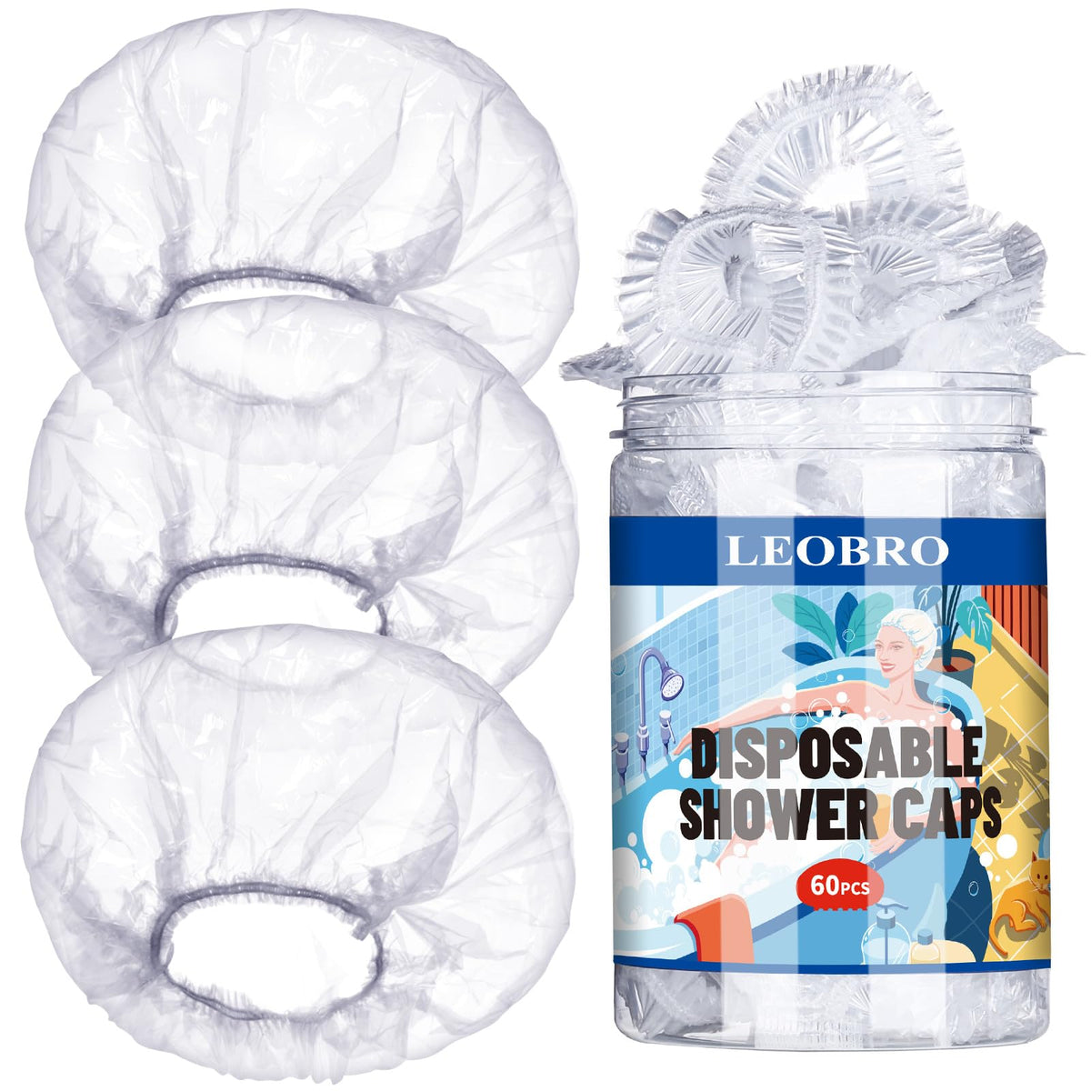 Leobro 60Pcs Clear Disposable Shower Caps For Women - Plastic Hair Caps, Regular Size 17.3 Inch