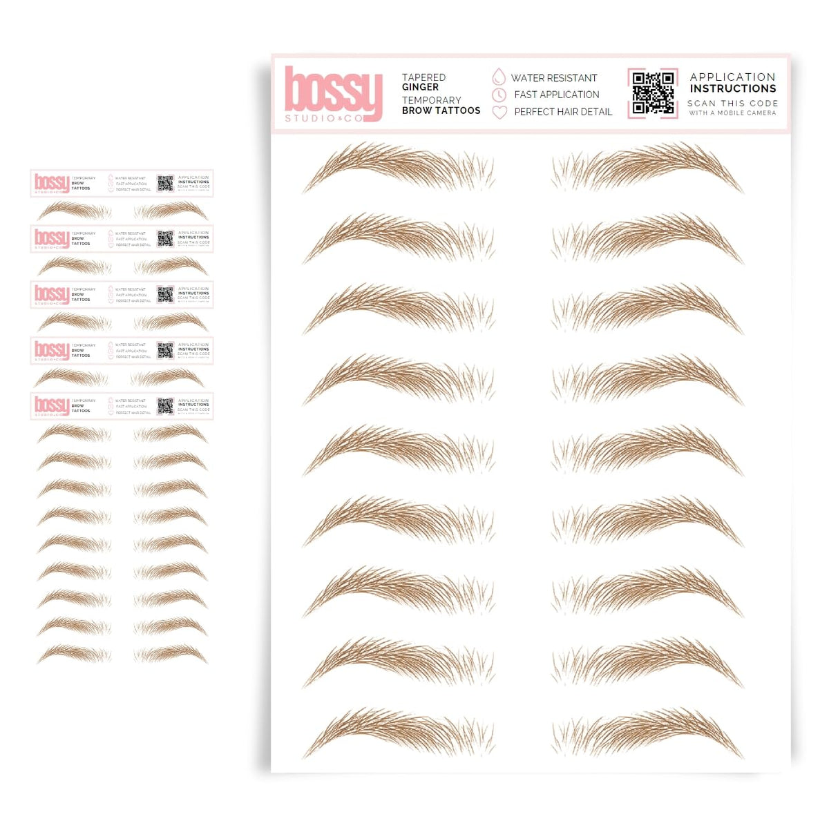 Brows By Bossy 5 Pack Waterproof Eyebrow Tattoos - Natural Strokes, Tapered Ginger For Men & Women