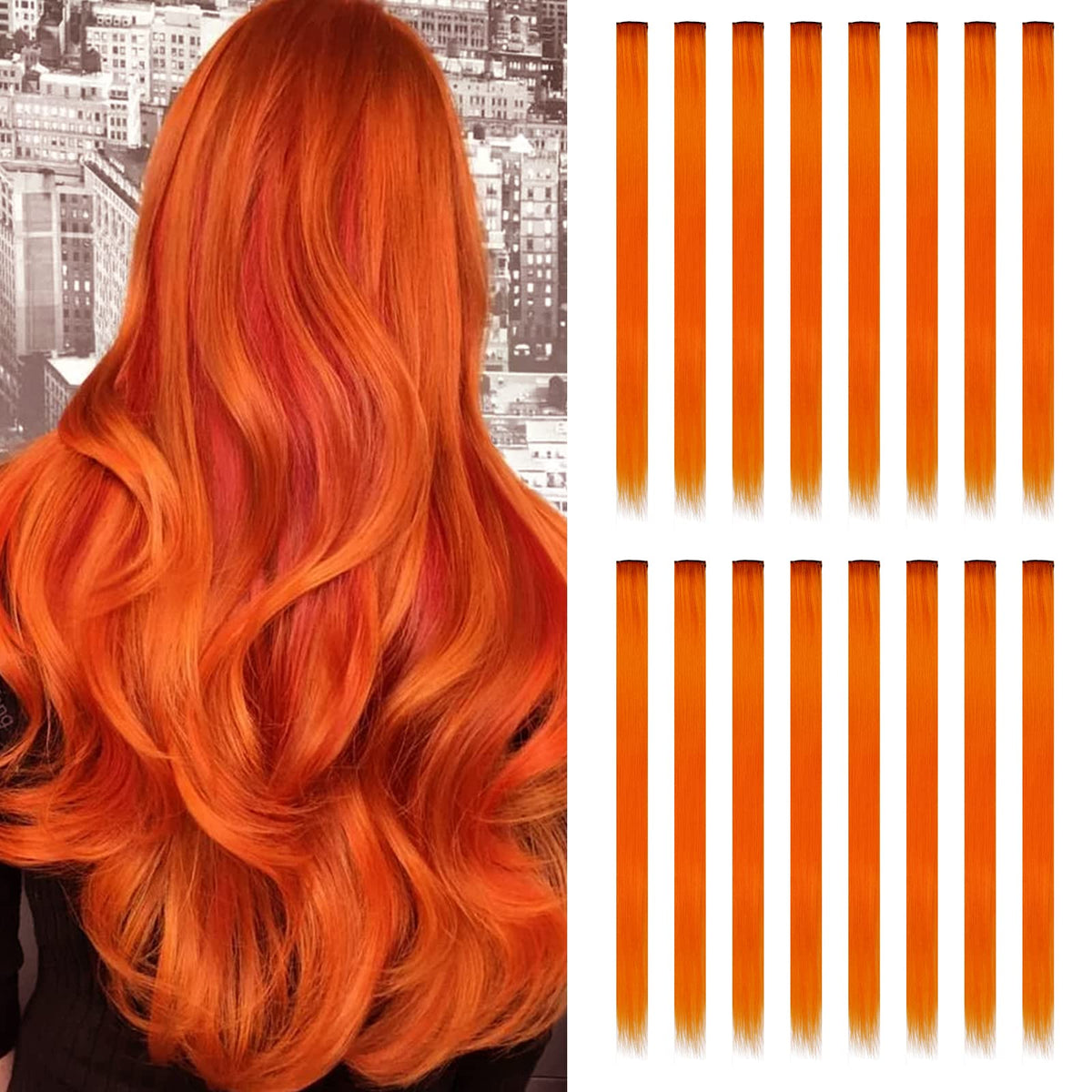 Sleekcute 16Pcs Orange Synthetic Hair Extensions For Halloween Cosplay With Tattoos & Nail Decals