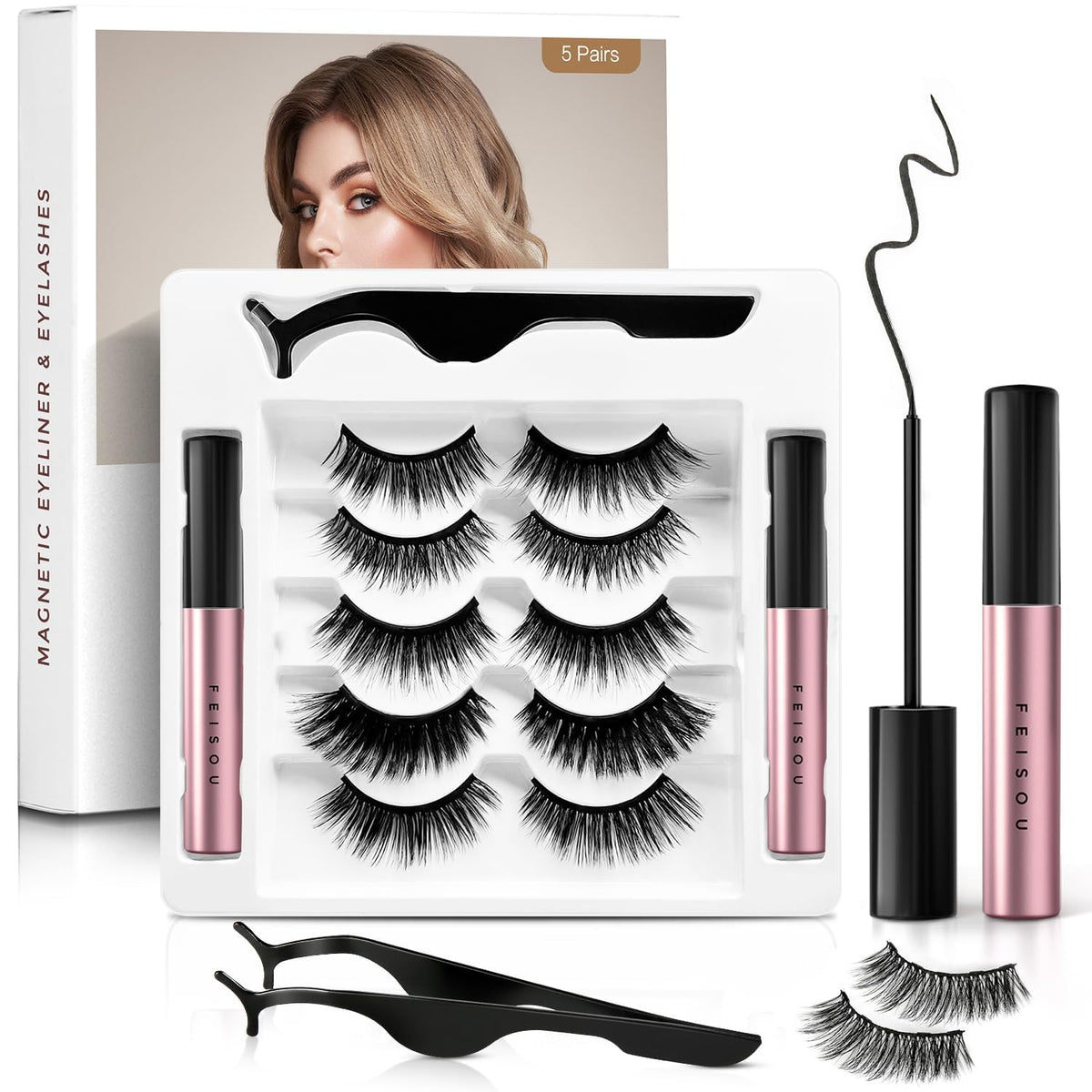 Feisou Magnetic Eyelashes Kit - 5 Pairs Reusable, Natural Look, No Glue, With Eyeliner & Twe